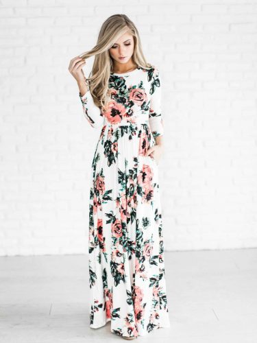 Euro Floral Prints Elastic Waist Floor Length Dress