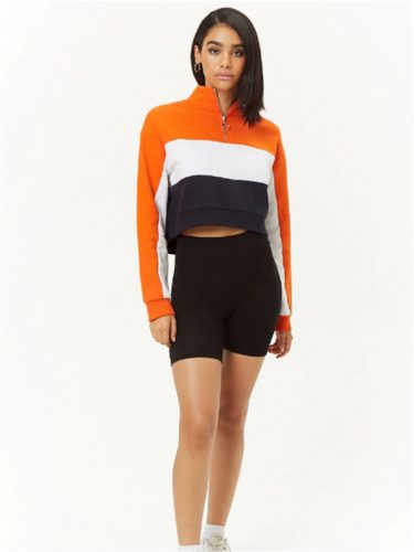 Euro Contrasting Colors Zipper Cropped Sweatshirt