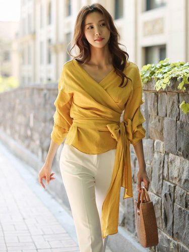 Puff Sleeve Ruffles Tie-wrap Chic Blouse