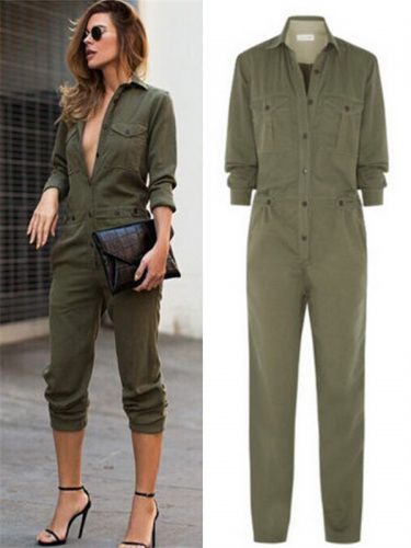Army Green Button Closed Casual Jumpsuit