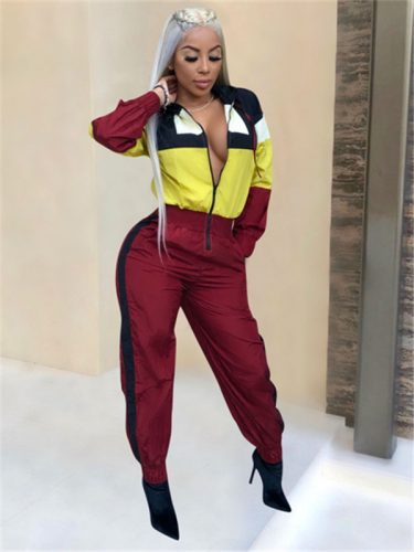 Casual Turndown Neck Colorblock Zipper Jumpsuit