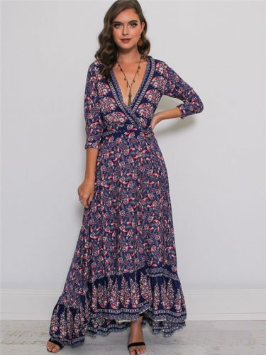 Sexy Deep V Neck Split Hem Floral Maxi Dress