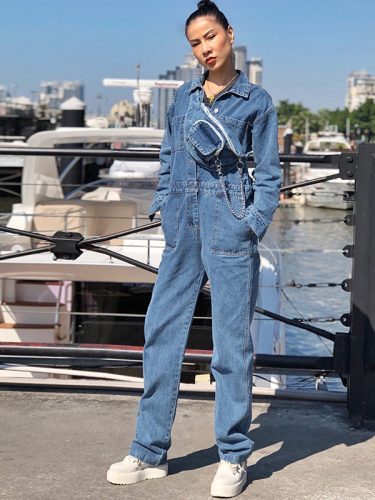 Single-Breasted Pocket Wide Leg Denim Jumpsuit