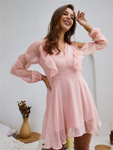 Spring V Neck Solid Sweet Long Sleeve Dress