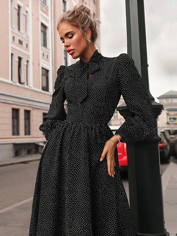 Tie Neck Puff Sleeve Dot Print Midi Dress?