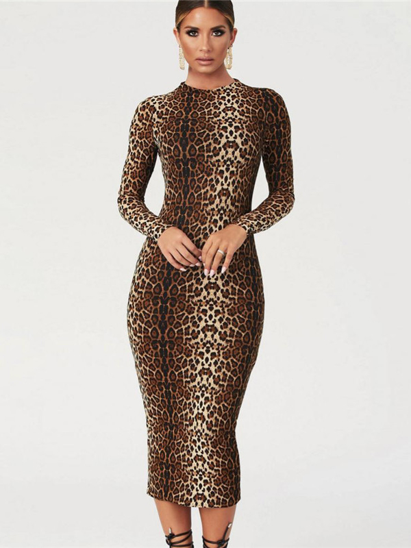 Long Sleeve Animal Printed Bodycon Dress?