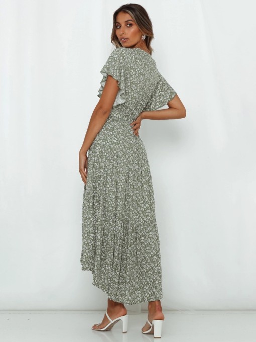 Printed V Neck Tie Wrap Short Sleeve Maxi Dress