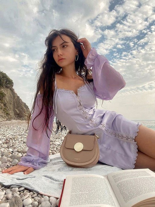 Summer Fashion Trendy Sweet Purple Long Sleeve Dress2